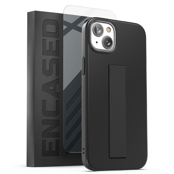 Encased Hand Grip Case Designed for iPhone 14 Case with Finger Loop and Tempered Screen Protector (Black)