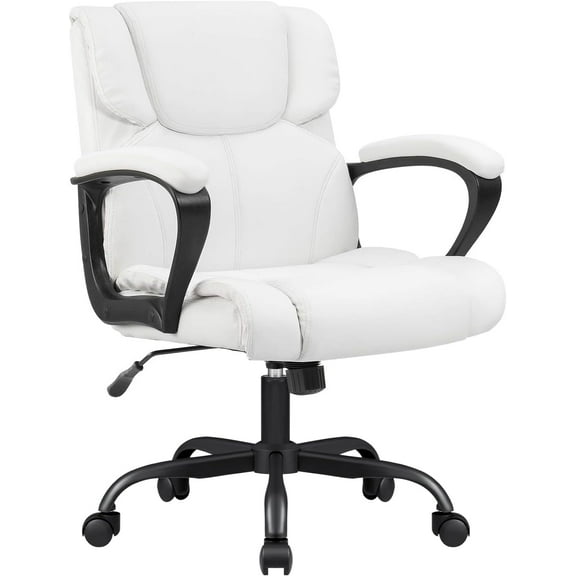 PetFurnishn Mid Back Executive Office Chair Swivel Computer Task Chair with Armrests,Ergonomic Leather-Padded Desk Chair with Lumbar Support(White)