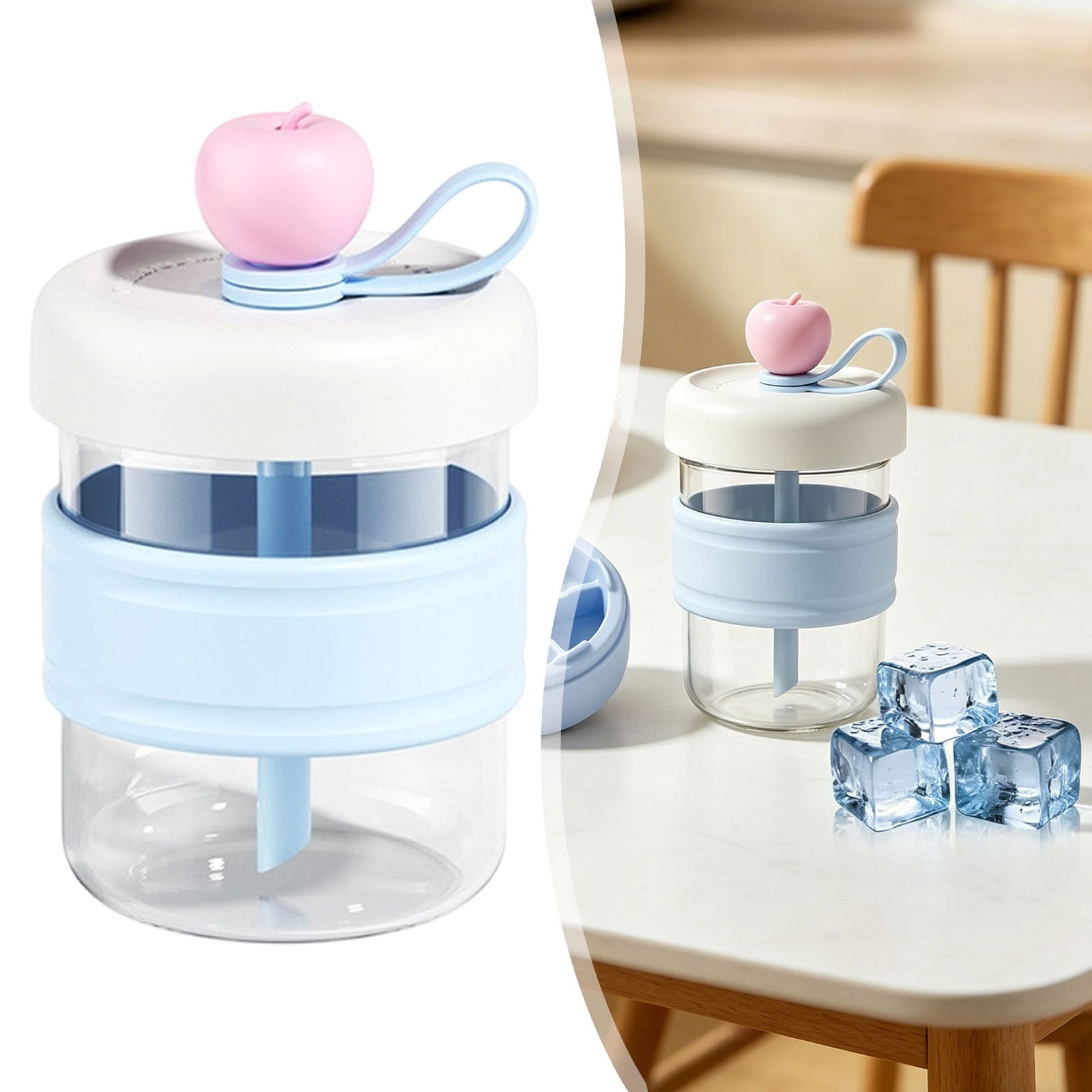 Hearthoom 2 in 1 Ice Cube Bottle with Straw, Portable Ice Cube Tray with Lid And Bin, Press to Release Ice Tray for Home Ice Making, 6 Grid Ice -Cube Tray Cup for Drinks,Blue