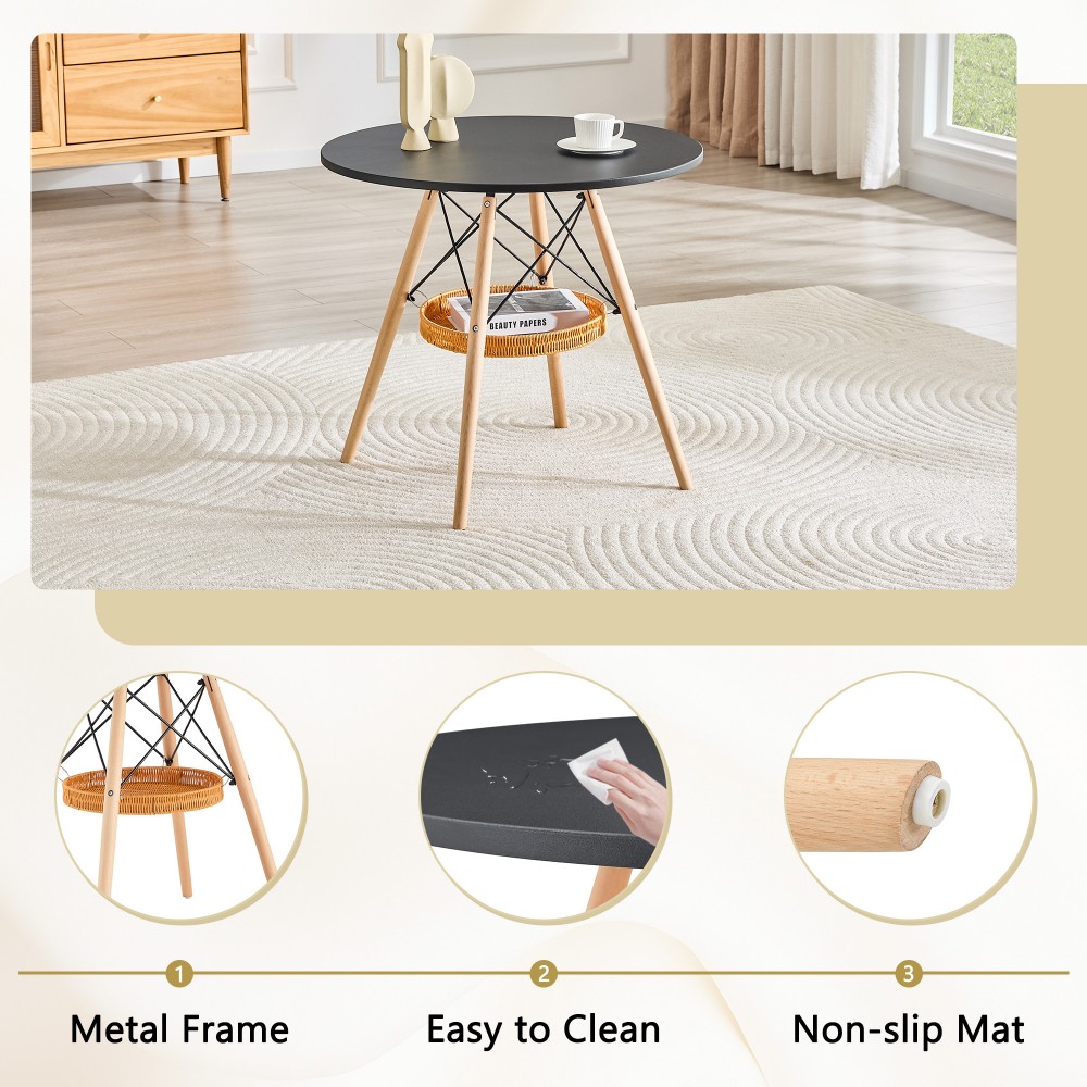 31.5" Round Dining Table, Black MDF Vacuum-Formed Tabletop with Solid Wood Legs, Woven Storage Basket, Modern Kitchen Table for 2-4