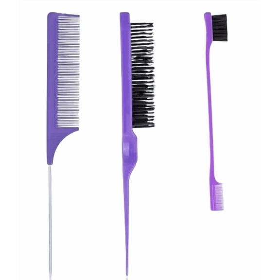 Hair Styling Comb Set with Edge Brush, Teasing Brush, Rat Tail Comb, 3 Piece-Purple