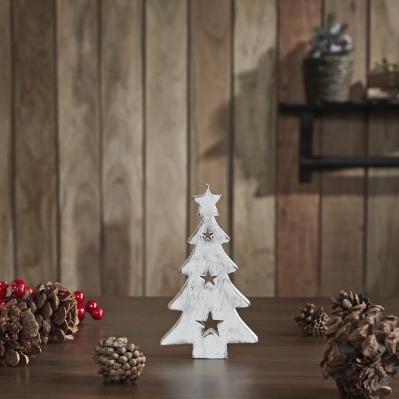 VHC Brands Christmas Tree w/Stars White Wooden Figurine 6x3.25x1