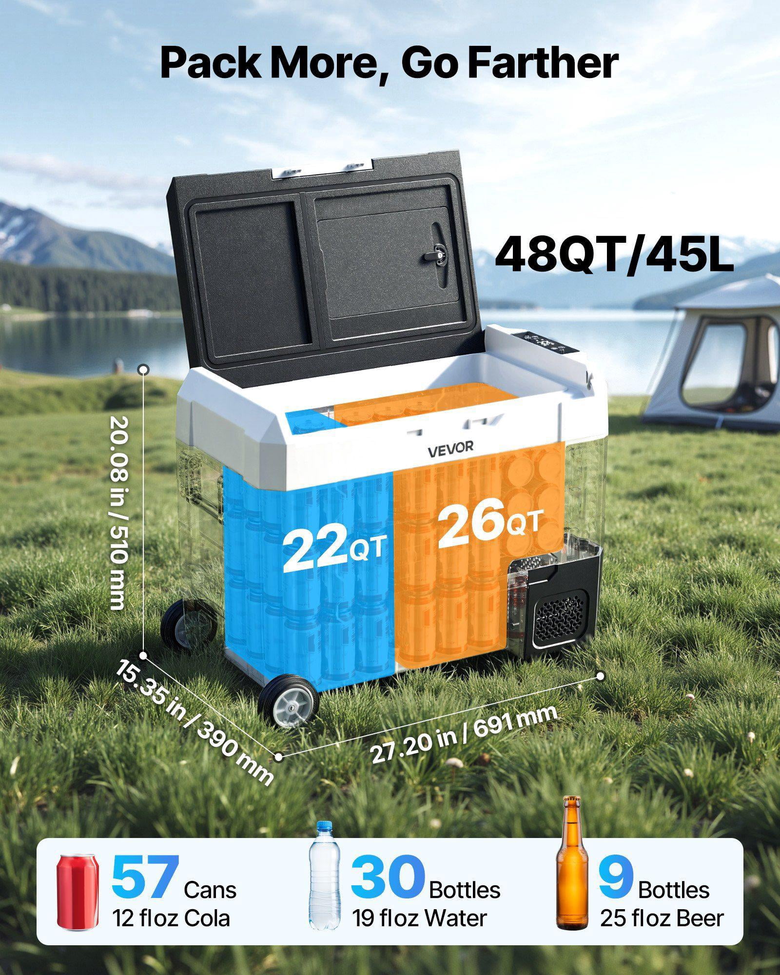 Car Refrigerator 48QT Dual Zone Compressor Cooler with APP Control Wheels for Truck RV Boat Camping Fishing DC 12 24V AC 100 240V 4F to 68F