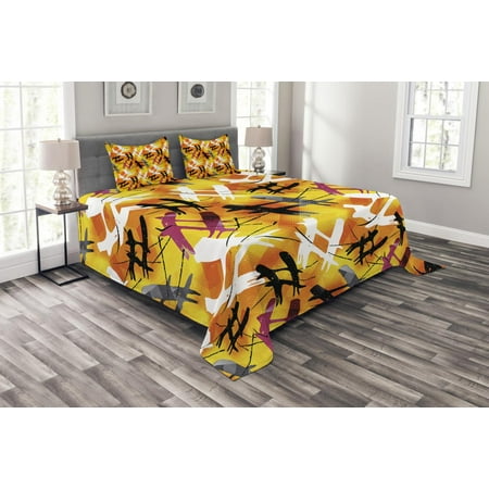 - Modern Bedspread Set, Abstract Digital Graffiti Image with Marigold Backdrop and Purple Black Stripes, Decorative Quilted Coverlet Set with Pillow Shams Included, Multicolor, by Ambesonne