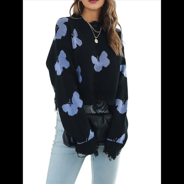 Suéter Y2K Harajuku Hip Hop de Punto con Diseño de Mariposa, Estilo Gótico, Estilo Urbano, Estilo Punk, Tops Negro S