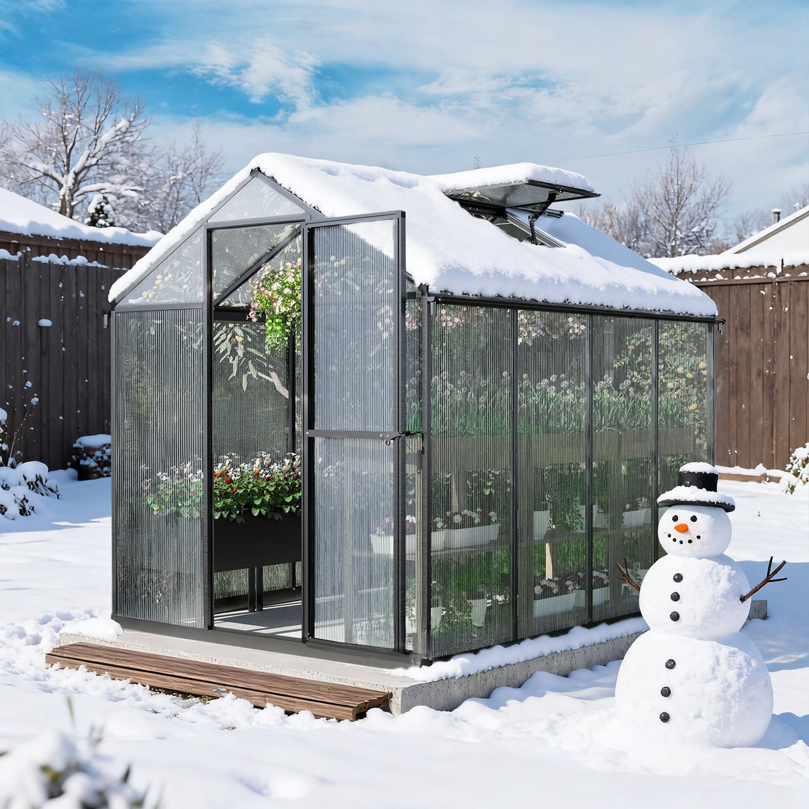Aoodor 6' x 8' Outdoor Greenhouse, Walk-in Polycarbonate Greenhouse with Aluminum Frame for Outside Backyard, Black