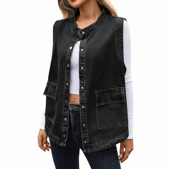 Women'S Oversized Denim Vest Mid Long Jean Vest Sleeveless Jackets Black & Gray XL