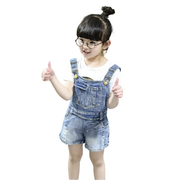 KIDSCOOL SPACE Little Girl Jean Overalls,Big Ripped Denim Shortalls