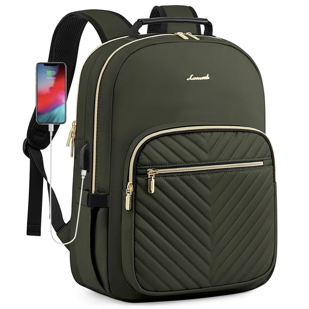 Mochila LOVEVOOK para portátil, color verde militar, para mujer, 15.6 pulgadas con puerto USB