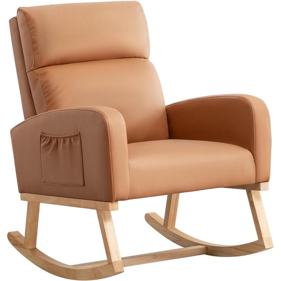 Rocking Chair Nursery, Uplostered Leather Rocker Nursing Chairs with Wood Legs and Side Pocket, Comfortable Glider Roking Chair for Nursery, Living Room, Bedroom,Teddy, Leather Brown