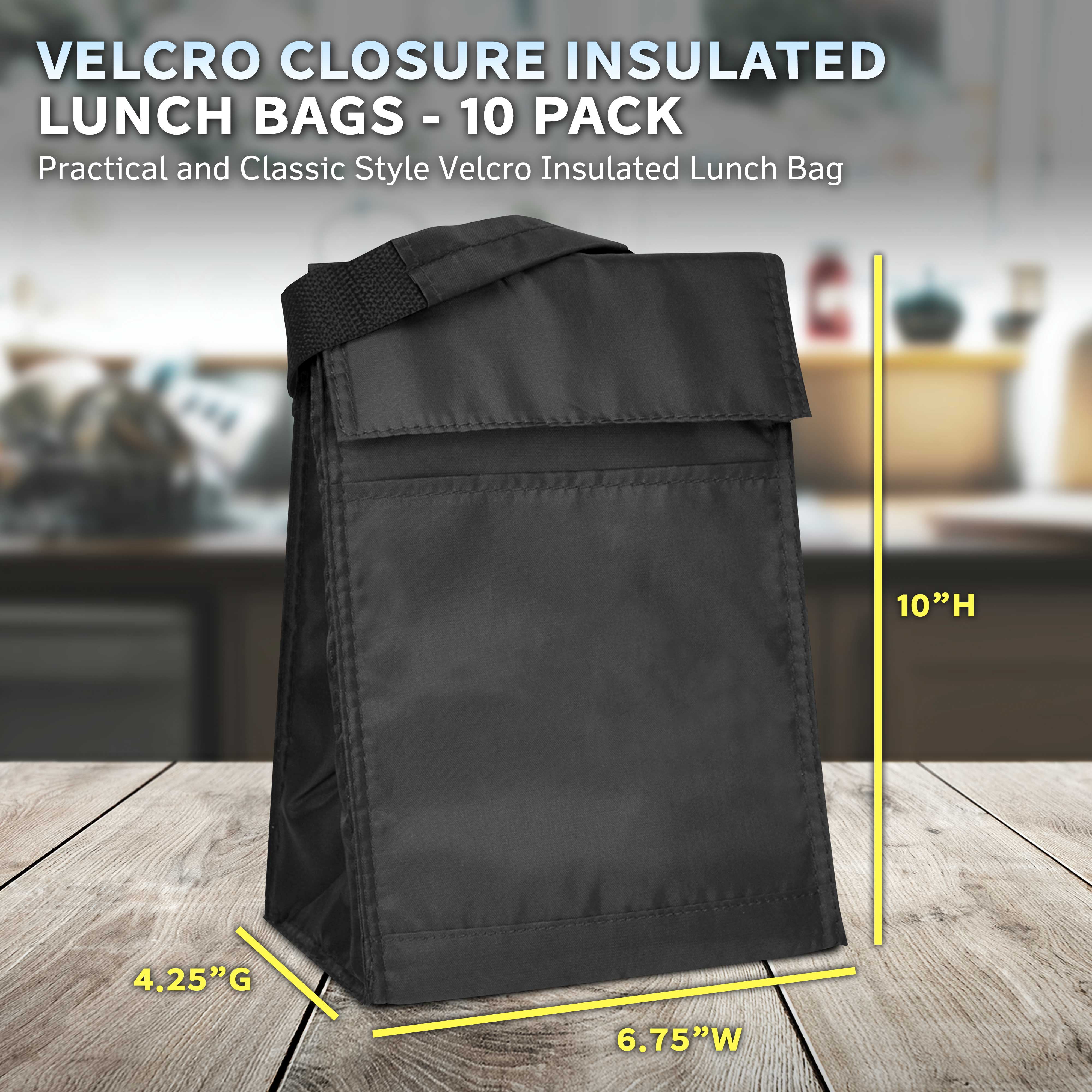 10 Hook and Loop Insulated Lunch Bags Set - Polyester, Durable, Vibrant, Reusable - Black