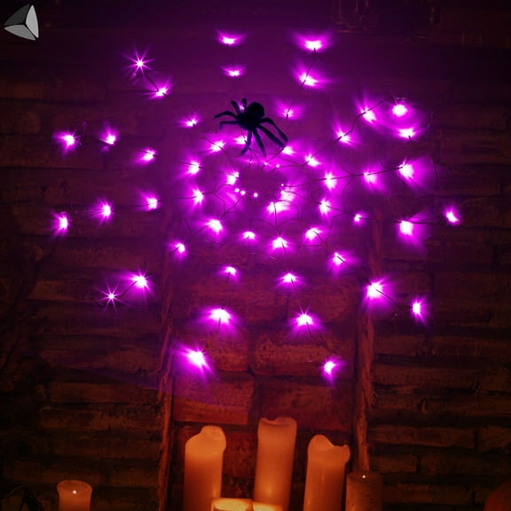 PULLIMORE Halloween Spider Web Lights 3.28 ft LED Cobweb with Black Spider Props (Purple）