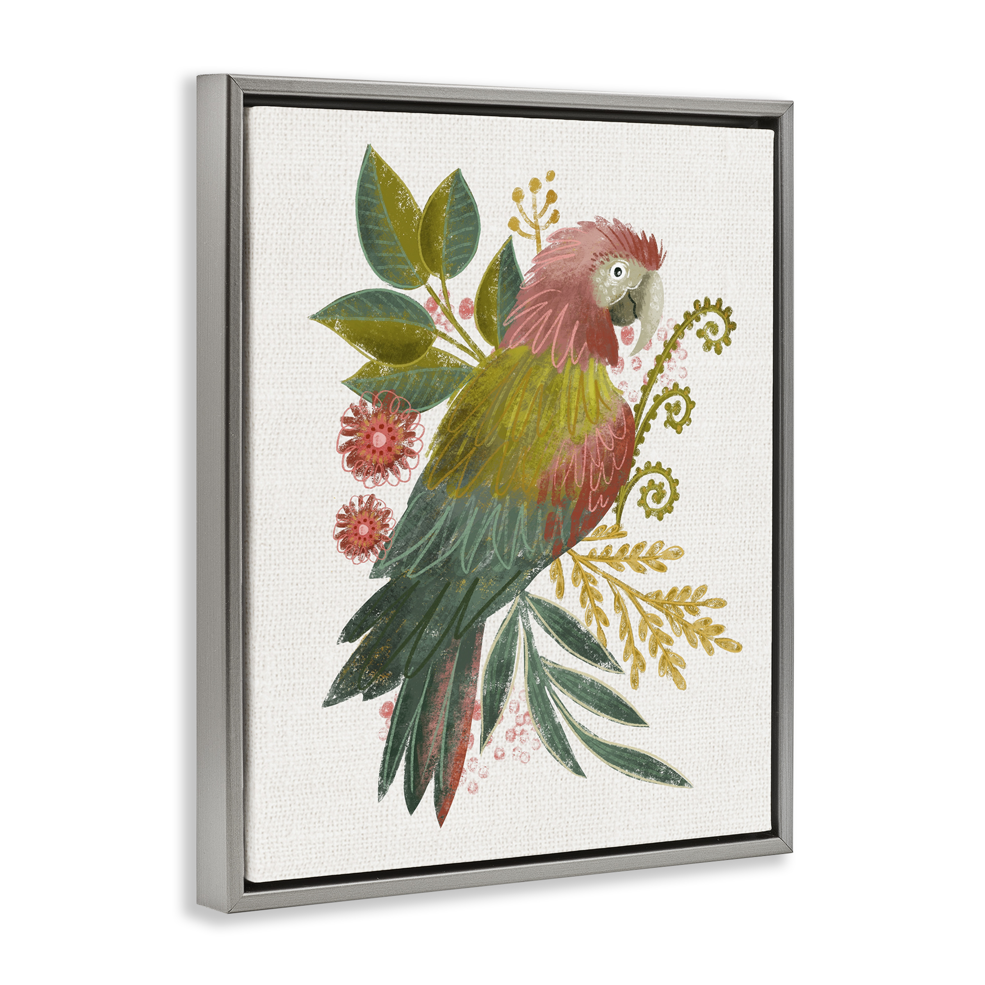 Stupell Industries Parrot with Eclectic Leaves Animals & Insects Painting Gray Floater Framed Canvas Art Print Wall Art, 25 x 31