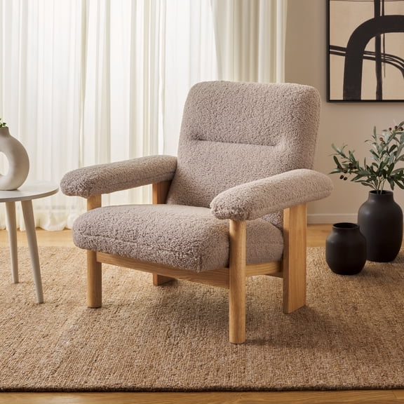 Safavieh Attwell Mid-Century Wood and Fabric Dining Arm Chairs, Beige/Natural