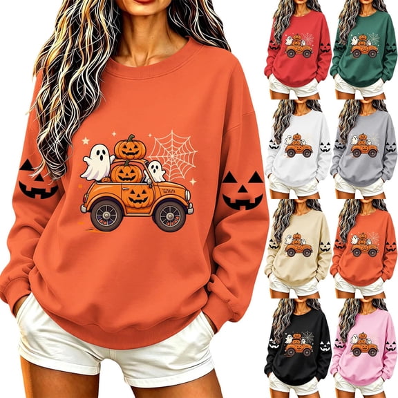 Frostluinai Halloween Spooky Season Sweatshirt Women Crewneck Long Sleeve Fleece Pullover Casual Pumpkin Ghosts Print Sweatshirts for Ladies