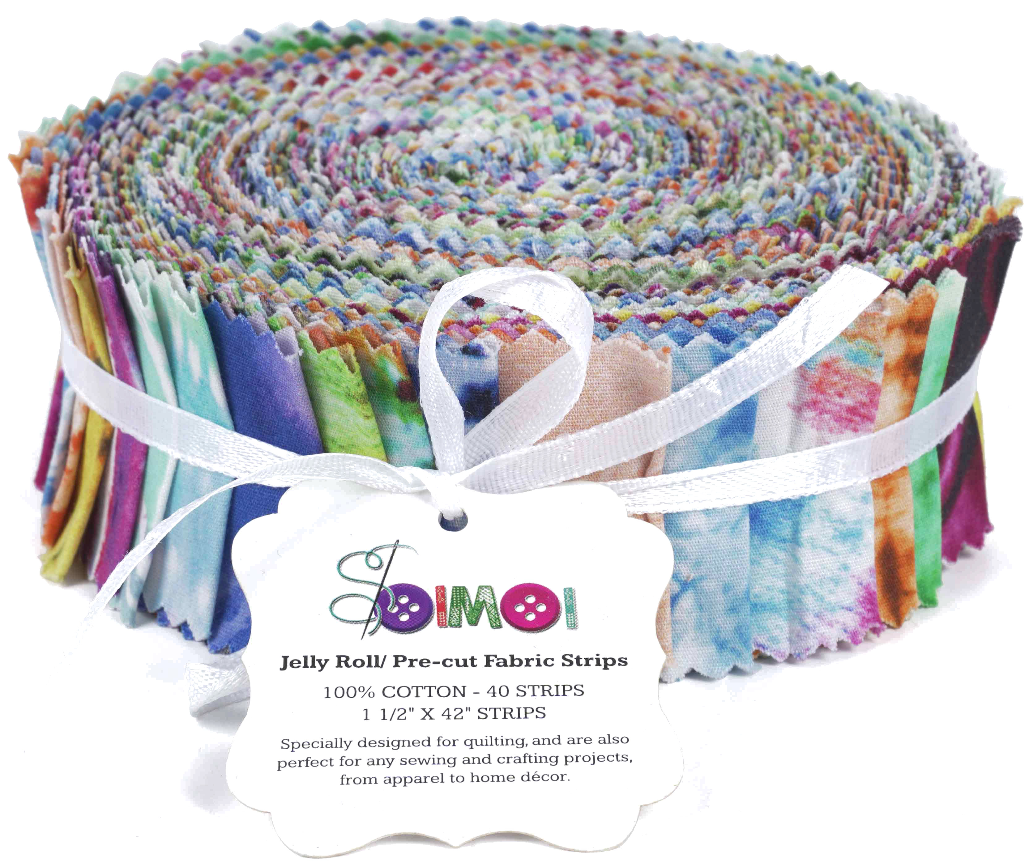 Soimoi 40Pcs Tie Dye Print Precut Fabrics Strips Roll Up 1.5x42inches Cotton Jelly Rolls For Quilting - Multicolor