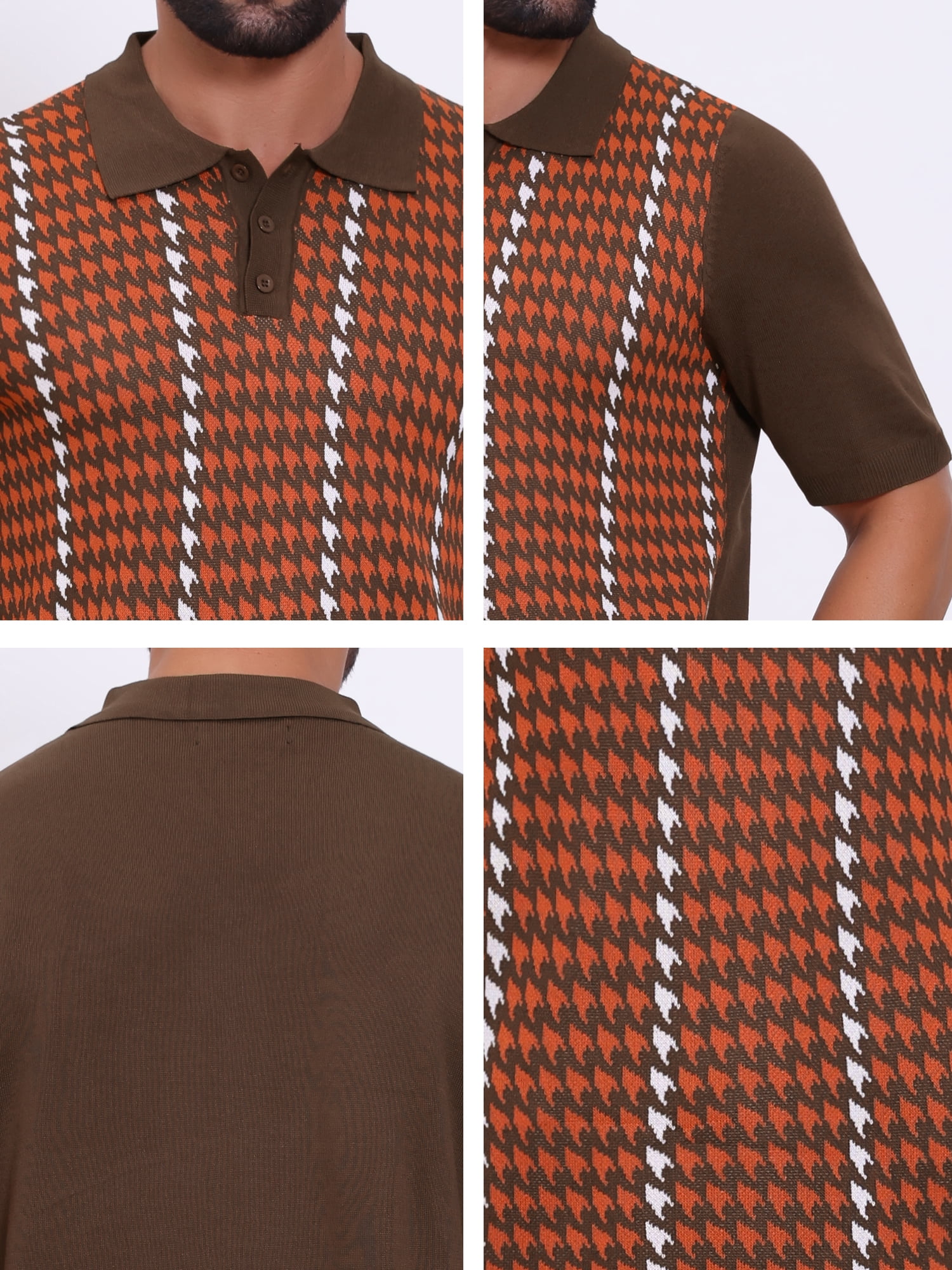 DARING DIVA Men's Houndstooth Summer Short Sleeve Casual Knit Polo Shirt XL Brick Red