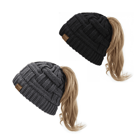 2-Pack Women's Ponytail Beanie Winter Hat – Tail Stretch Cable Knit Cap for Messy High Bun Ponytail Hat