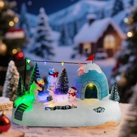 Animated Christmas Polar Bear Village with LED Lighted Igloo – Resin Winter Wonderland Scene with Rotating Base, Snowman, Figurines & Holiday Lights – Christmas Tabletop Decoration Display