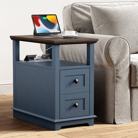 PLAMLE End Table for Living Room with 2 Drawers Farmhouse Narrow Sofa Side Table For Small Spaces Wooden Nightstand with Storage for Bedroom, Dorm, Office
