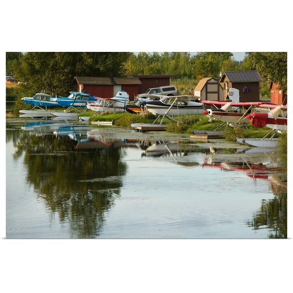 Great BIG Canvas | Rolled Walter Bibikow Poster Print entitled Alaska, Anchorage, Lake Hood Air Harbor World's Busiest Float plane Base