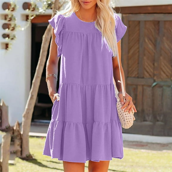 QLEICOM Women's Summer Wrap V Neck Solid Color Dress Women Short Sleeve Ruffle Beach Loose Dress Plus Size Flowy High Low Maxi Dress Bohemian Beach Dress with Belt Army Green L