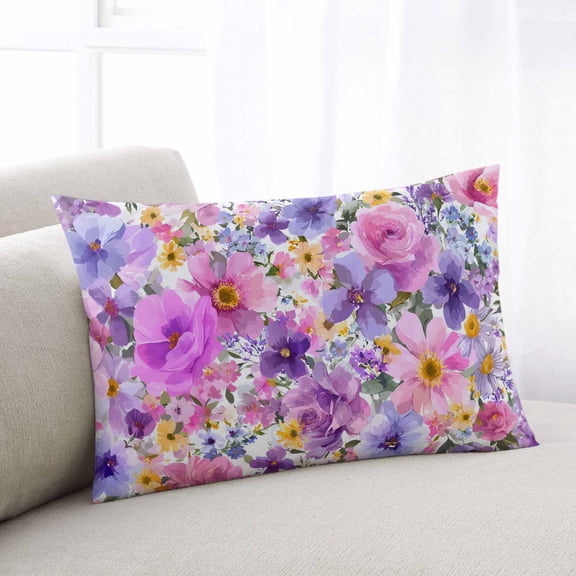 Farmhouse Flowers Throw Pillow Covers, Spring Watercolor Purple Pink Floral Soft Breathable Pillow Cases with Invisible Zipper for Sleeping, Standard Pillowcases for Couch Bed Sofa Chair 20x26 Inches