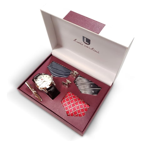Luis Cardini Watch Gift Box Set for Men – Artificial Leather Stainless Steel Watch Set of Elegant Cufflinks and 3 Stylish Ties – New