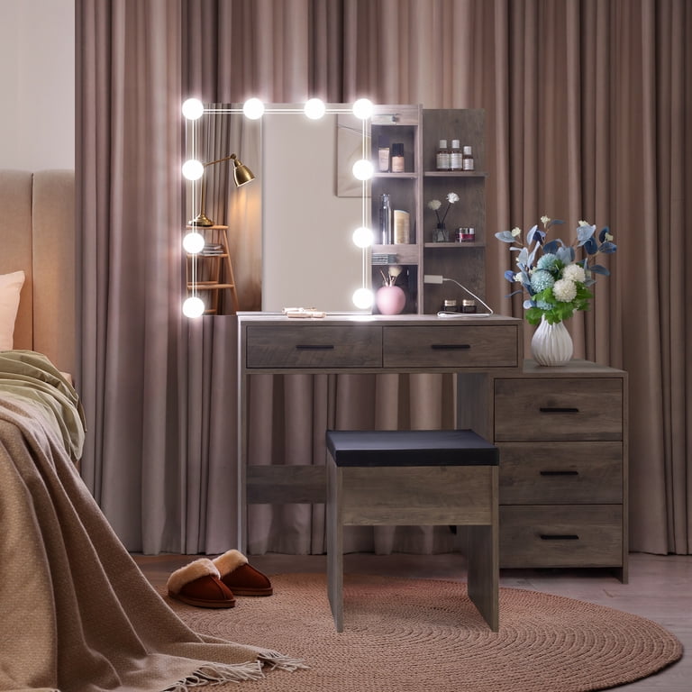 Particleboard Triamine Veneer 5 Pumps 2 Shelves Mirror Cabinet Three Dimming Light Bulb Dressing Table Set Grey