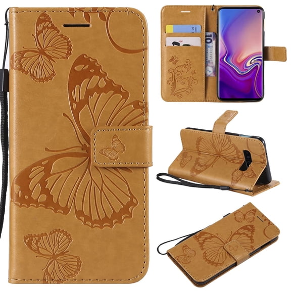 S10e Case, Samsung Galaxy S10e Case - Allytech Premium Wallet PU Leather with Fashion Embossed Floral Butterfly Magnetic Clasp Card Holders Flip Cover with Hand Strap, Yellow