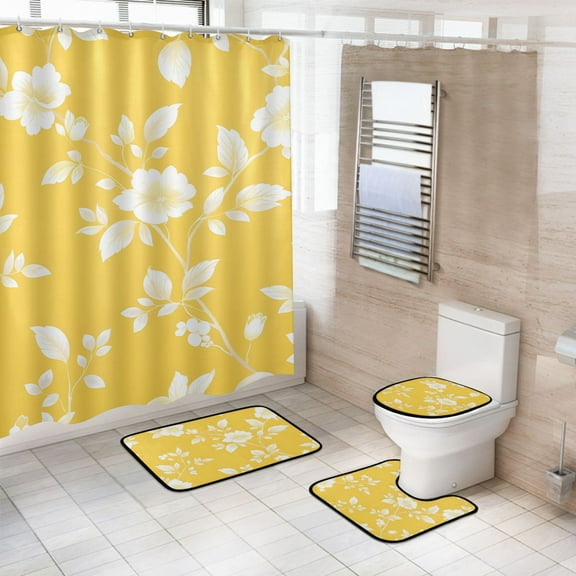 Ryvnso 4 Pcs Yellow Leaves Flower Bathroom Shower Curtain Set with 12 Hooks Bath Mat Toilet Lid Cover