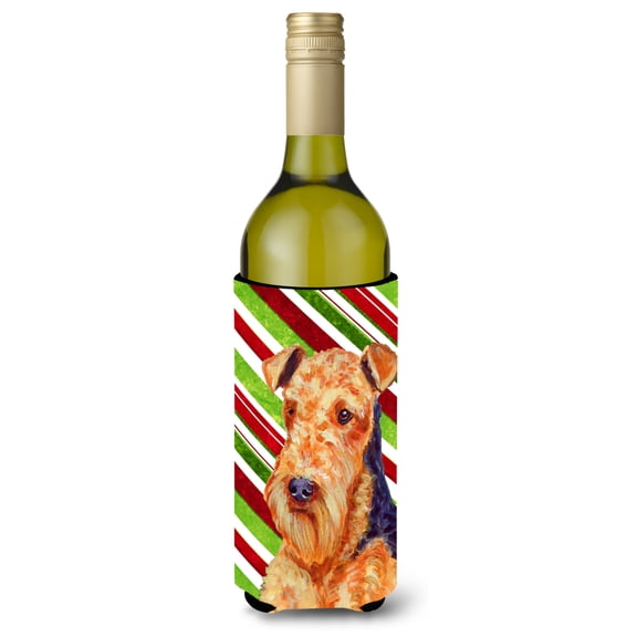 Carolines Treasures LH9246LITERK Airedale Candy Cane Holiday Christmas Wine Bottle Hugger Wine Bottle multicolor