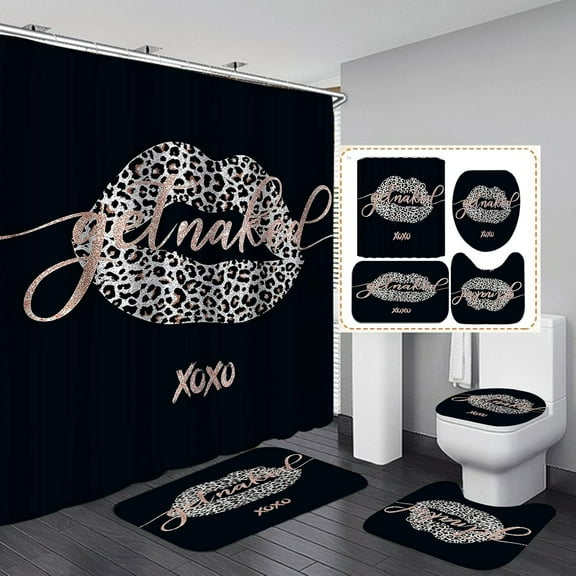 4PCS Black White Brown Zebra Leopard Print Shower Curtain Set, Panthera Jaguar Cheetah Safari African Wild Animal Skin Pattern Modern Bathroom Decor, Non-Slip Bath Rugs Toilet Mats, Stripes