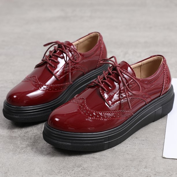 Burgundy leather platform oxfords oxfords Burgundy Leather Saddle Shoes Women With Lacing, Leather  main image 2