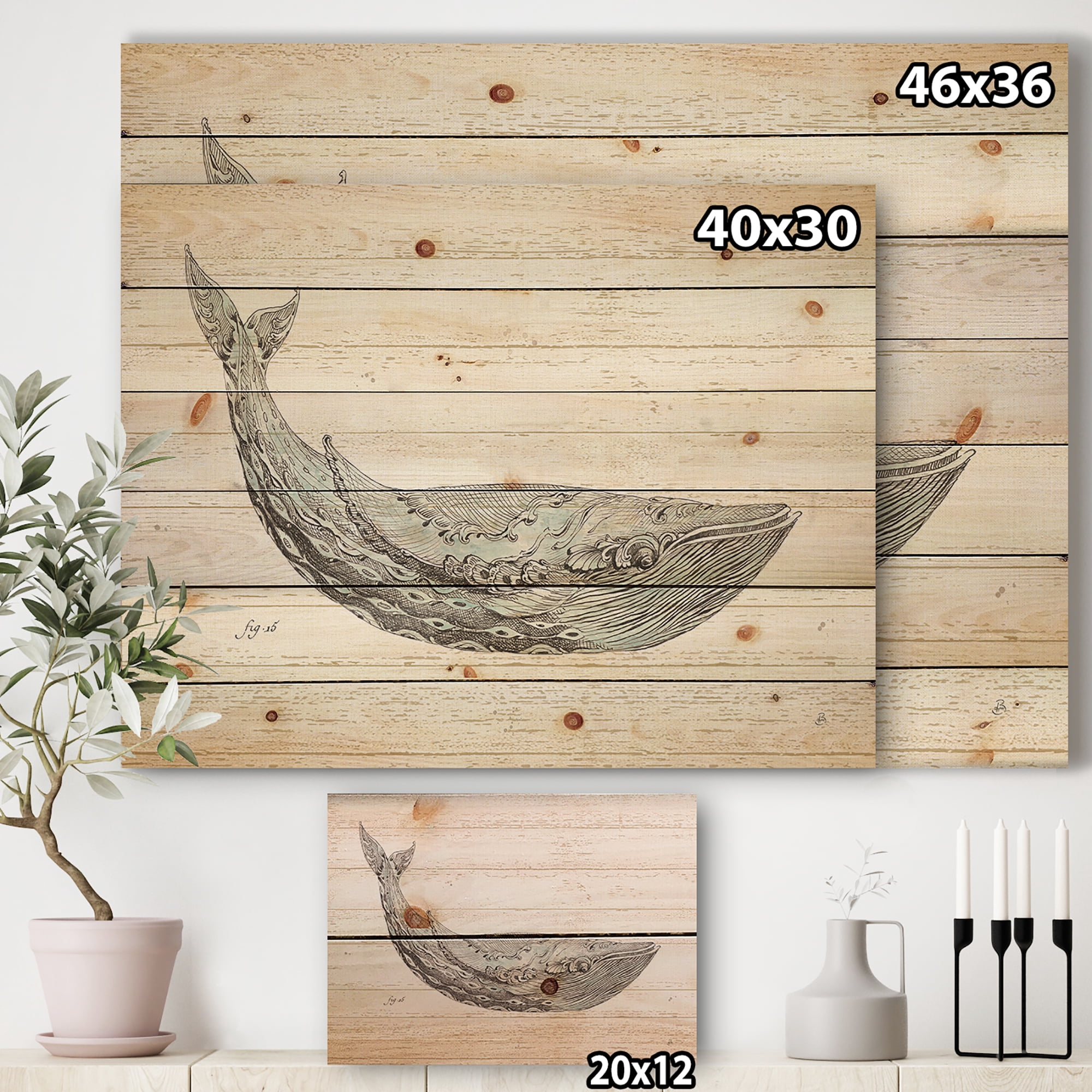 Designart 'Blue Whale Handpainted Watercolor' Nautical & Coastal Print on Natural Pine Wood