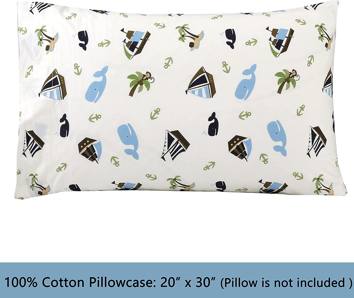Ocean Blue Whale Ships Sail Monkey Island 3 Piece White Cotton Toddler Sheet Set