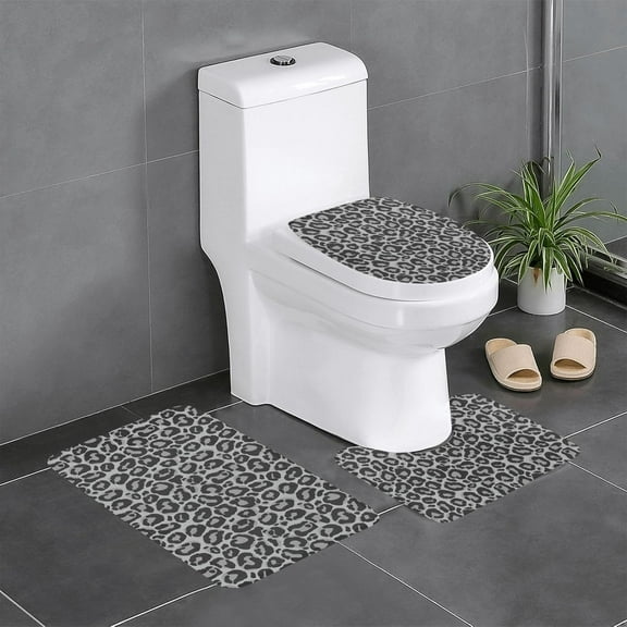 Grey Leopard Texture Bathroom Rugs Set 3 Piece, Bath Mat Contour Mat Toilet Seat Cover, Non-Slip Soft Microfiber Bathmat for Tub Shower Room Decor, Machine Washable