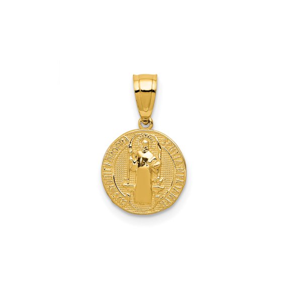 14k Yellow Gold St Benedict Medal Pendant with Cross and Book, Latin Inscription Christian Religious Jewelry for Men and Women, Catholic Spiritual Protection Charm