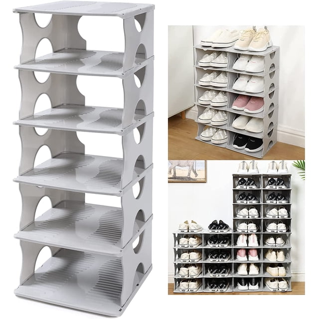 Zapatero de 6 niveles, organizador de almacenamiento apilable para la entrada del dormitorio, estante ajustable, estante con ranuras para zapatos, estante de torre fácil de montar, gris