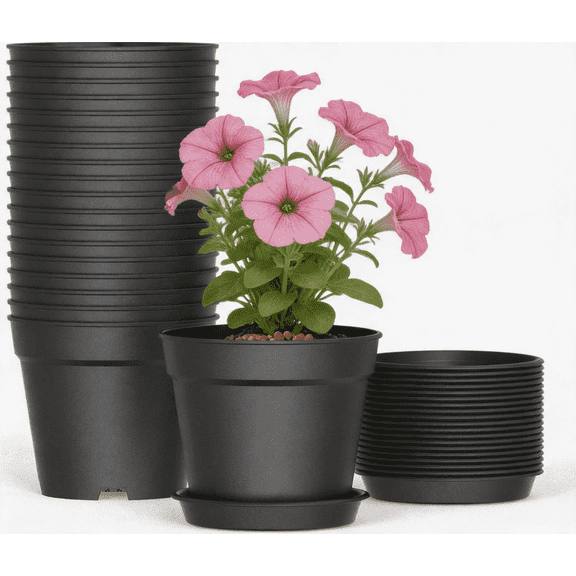 20 Pack 6-Inch Plastic Plant Pots with Drainage Holes and Saucers, Stackable Black Nursery Planters for Indoor and Outdoor Houseplants, Flowers, and Herbs