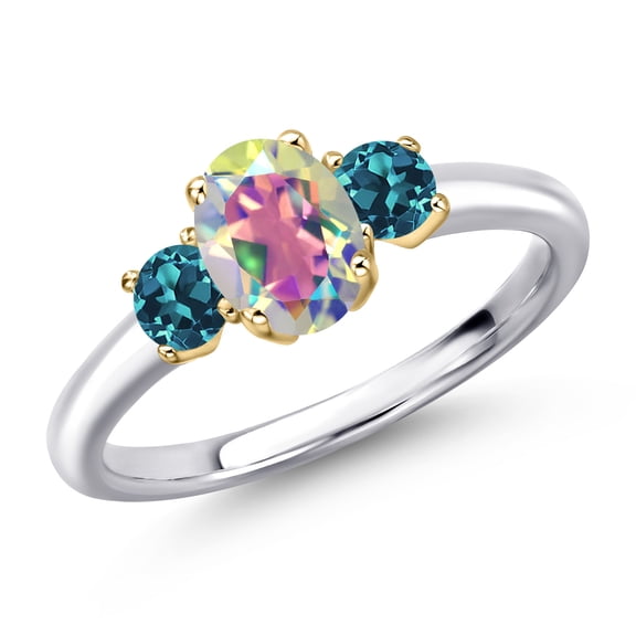 Gem Stone King 10K Two Tone Gold Mercury Mist Mystic Topaz and London Blue Topaz Engagement Ring for Women | 1.44 Cttw | Oval 7X5MM | Gemstone November Birthstone | Size 5