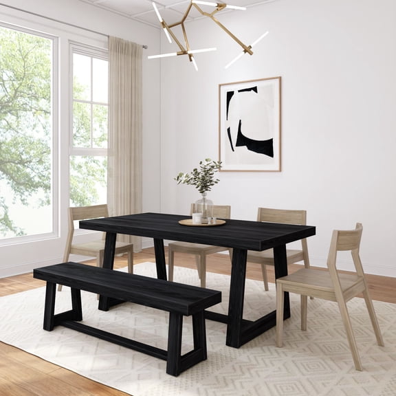 72" Classic Solid Wood Dining Table Set with Bench, Black Wirebrush,   4 Chairs Blonde