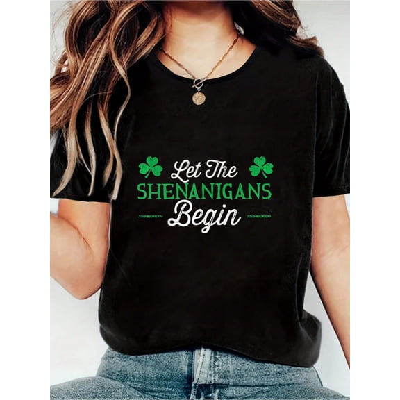 100% Cotton Let The Shenanigans Begin St Patricks Day Gift Print Women's Gift T-Shirt, Round Crew Neck Soft Short Sleeve T-Shirt For Spring Summer, Fun Graphic Tops T-Shirts For Women