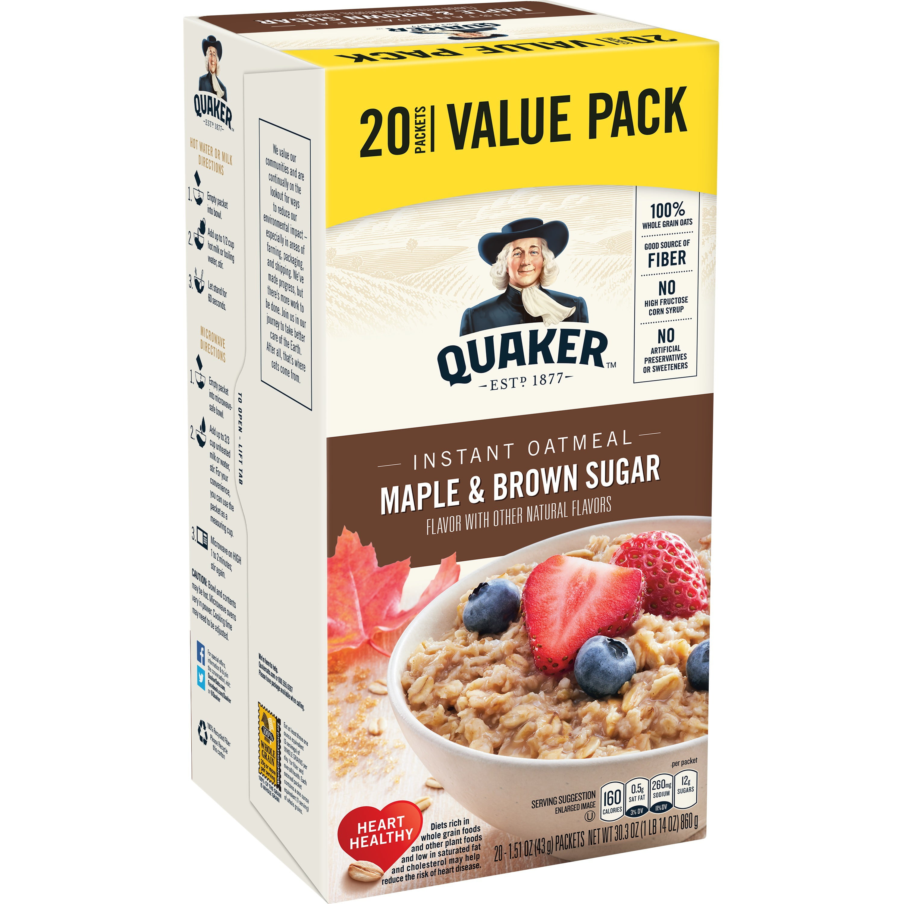 Quaker Instant Oatmeal, Maple & Brown Sugar Value Pack, 20 ...