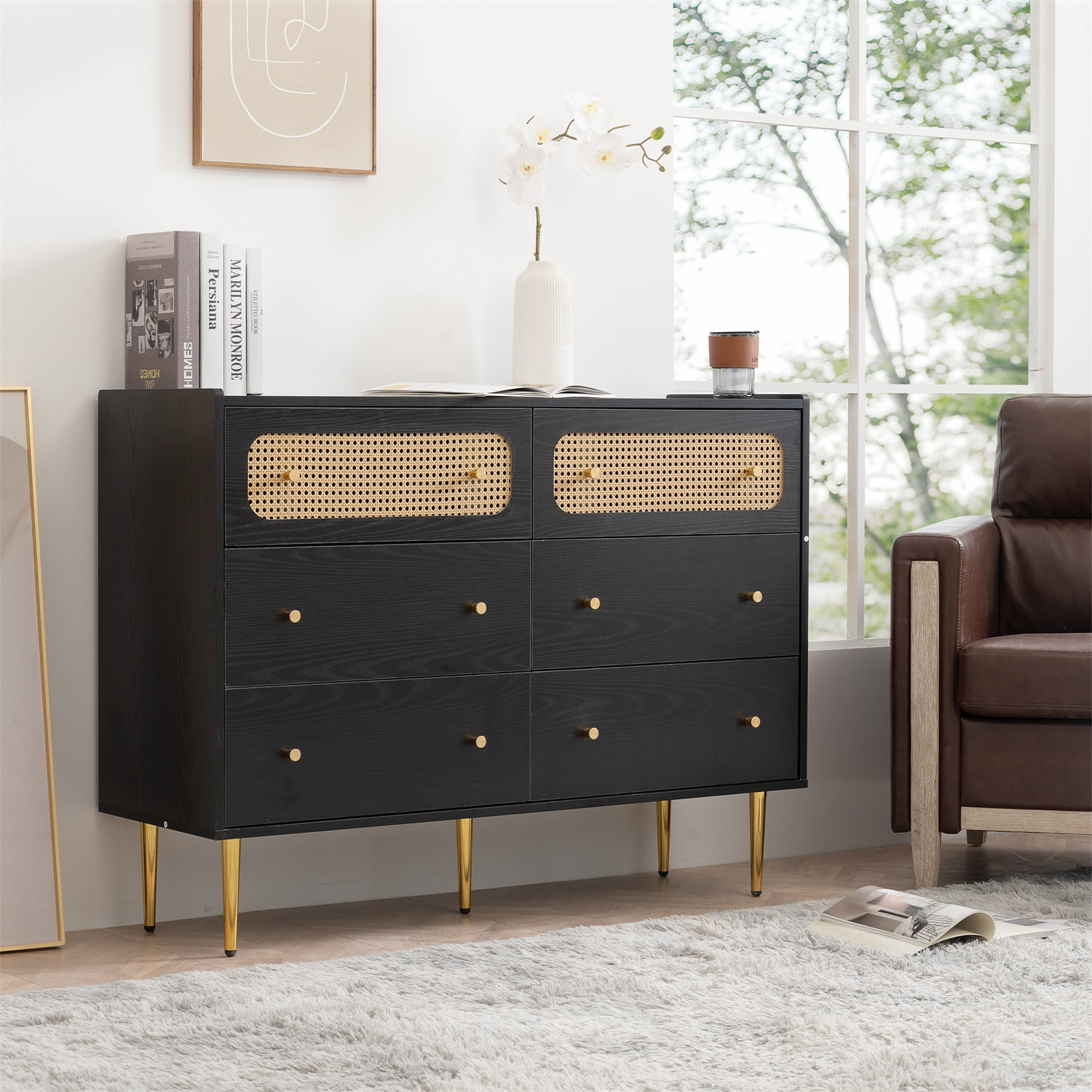 Kadyn 6 Drawer Dresser, Chest of Drawers with Metal legs, Rattan Nursery Dresser for Home Office, Black Kadyn 6 Drawer Dresser, Chest of Drawers with Metal legs, Rattan Nursery Dresser for Home Office, Black