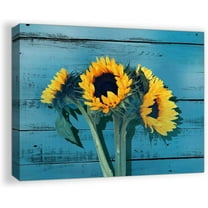 Rustic Bathroom Decor for the Home Country Wall Art for Bedroom Sunflower Themed Farmhouse Bathroom Pictures Teal Decor Kitchen Canvas Framed Artwork for Walls Blue Wooden Board Modern Home Size 12x16
