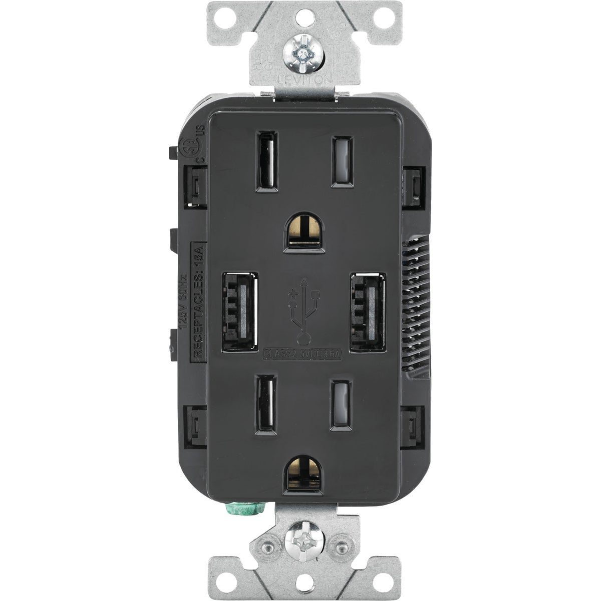 Leviton Decora 3.6A 5V Black 2-Port USB Charging Outlet with 5-15R Tamper Resistant Duplex Outlet — Indoor & Outdoor Use, NEC-Compliant