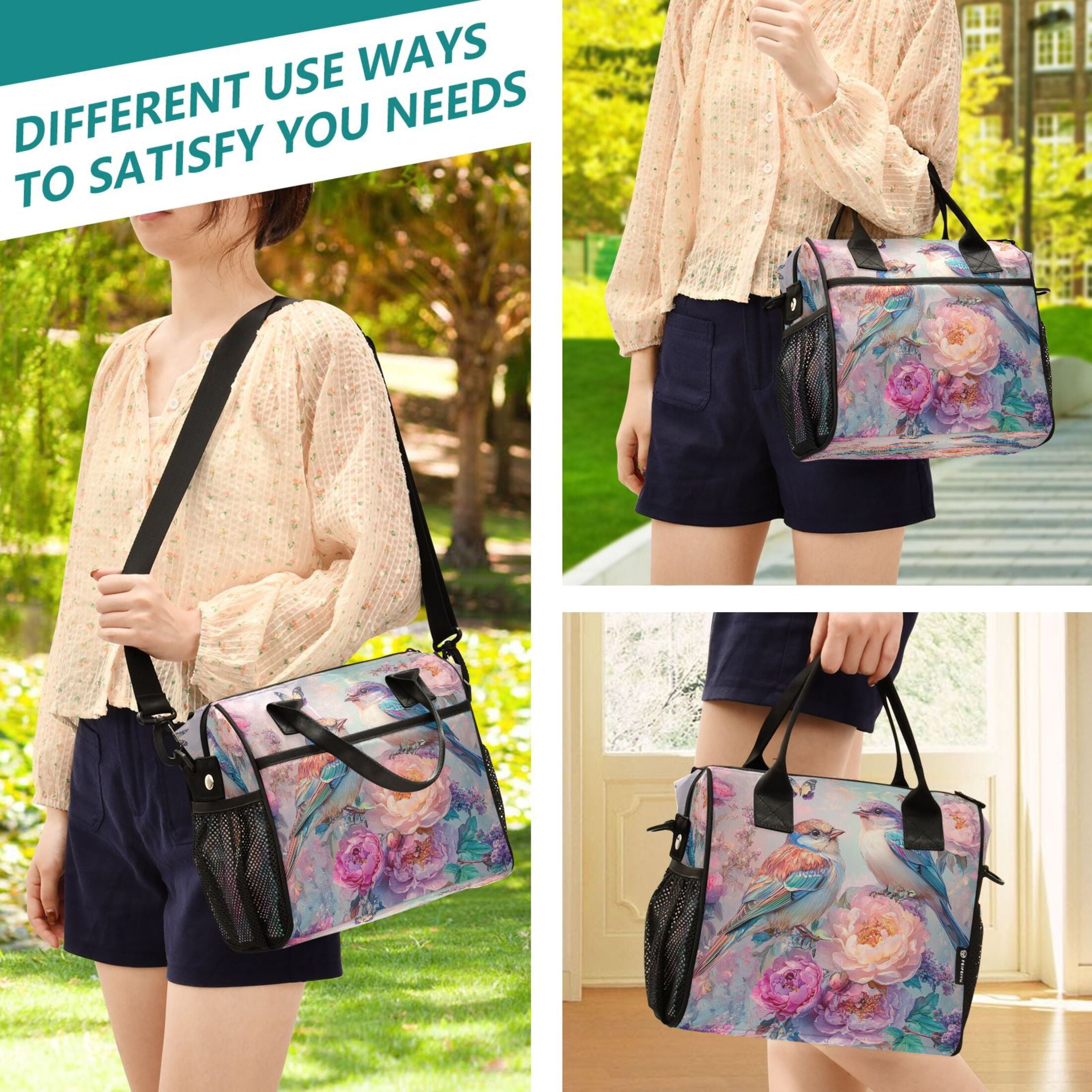 YAZAOO Lunch Bag Creative Butterflies Colorful Birds Flowers Cooler bag with Shoulder Strap