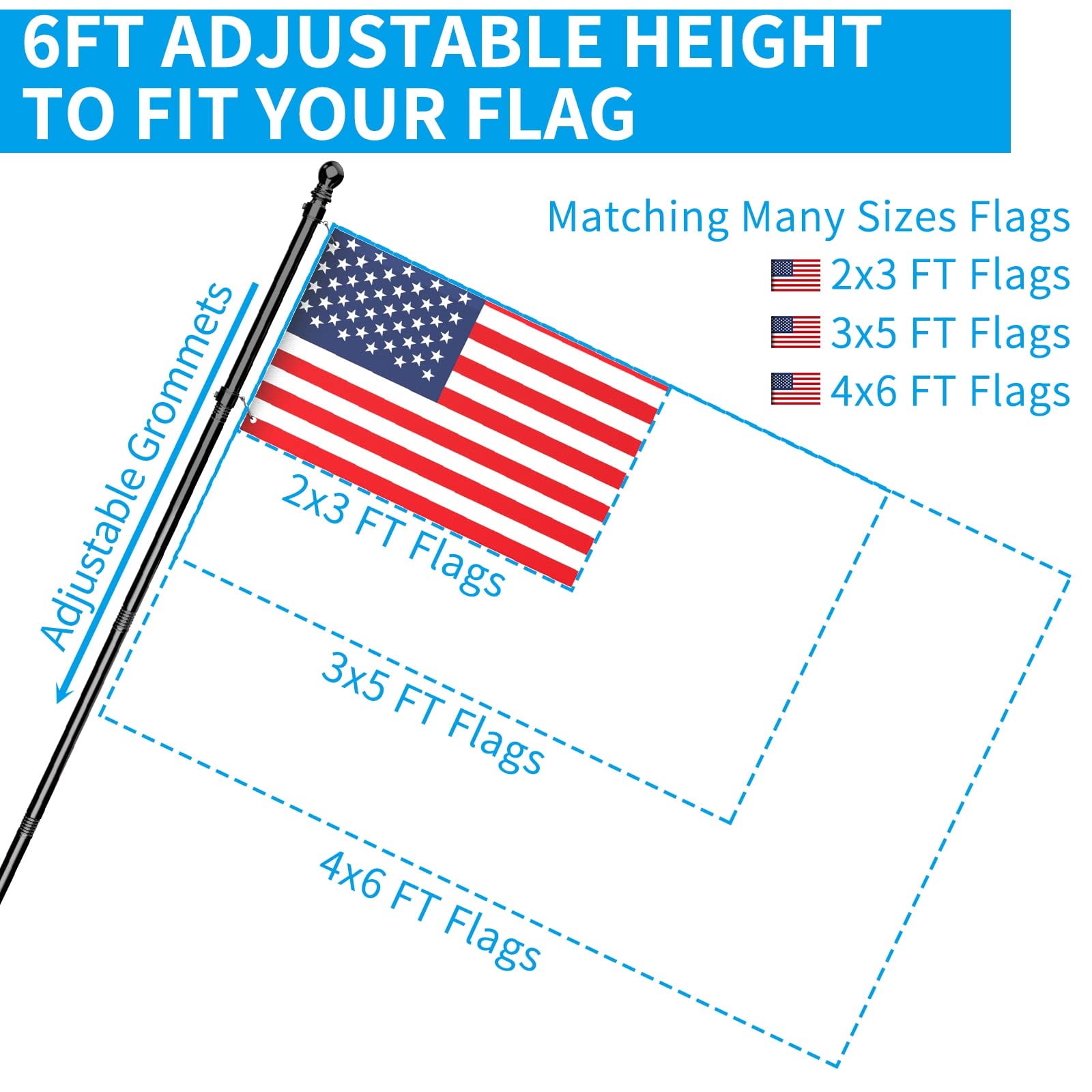 FIASON 2 Pack 6 FT Black Stainless Steel Tangle Free Wall-Mounted Flag Pole with Upgraded Bracket, Flag Pole Kit for Outside House, Residential or Commercial for American Flag (Without Flag)
