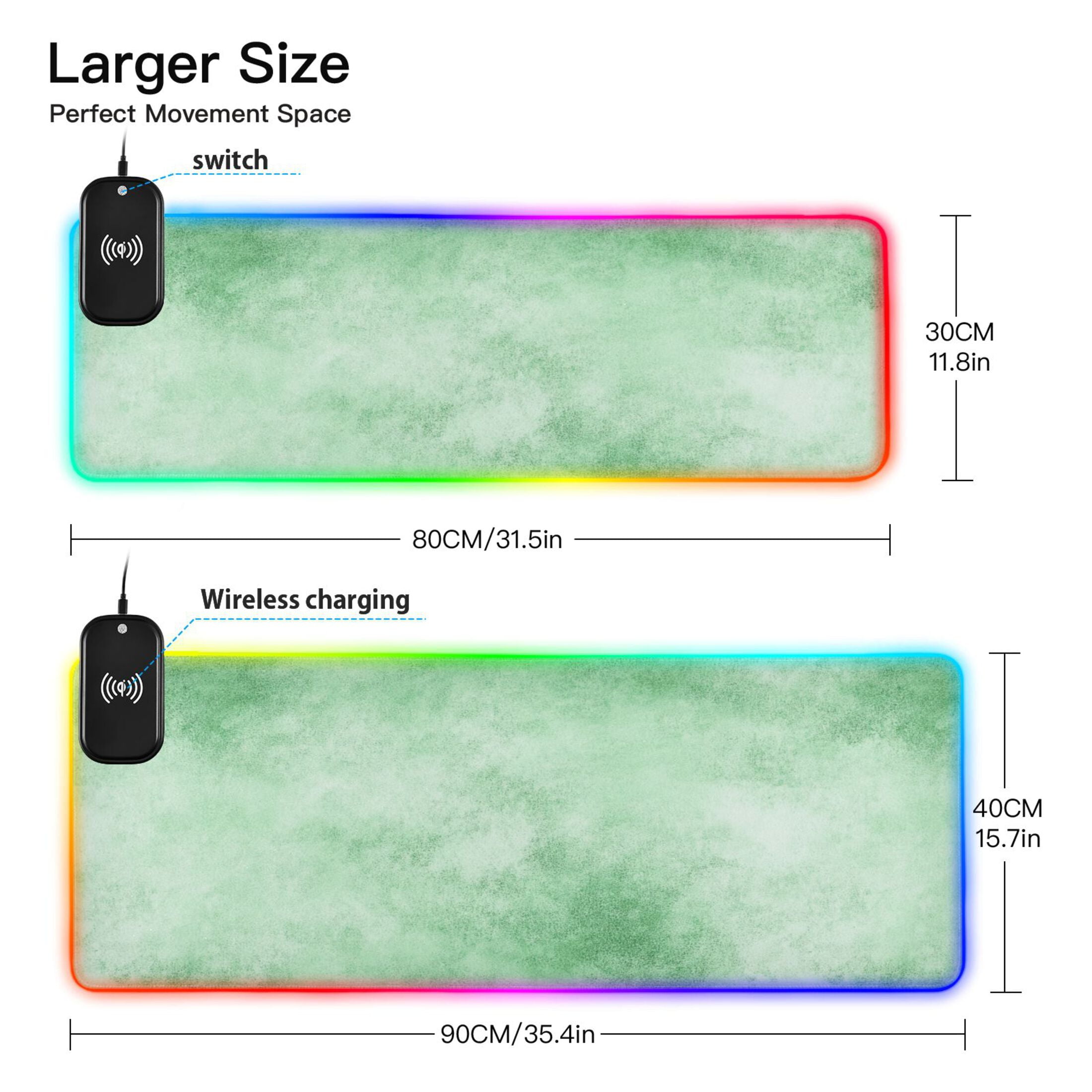 RGB Gaming Mouse Pad 15W Wireless Charging Large Waterproof Desk Mat 13 Light Modes Mousepad 31.5x11.8 Colorful Green Watercolor